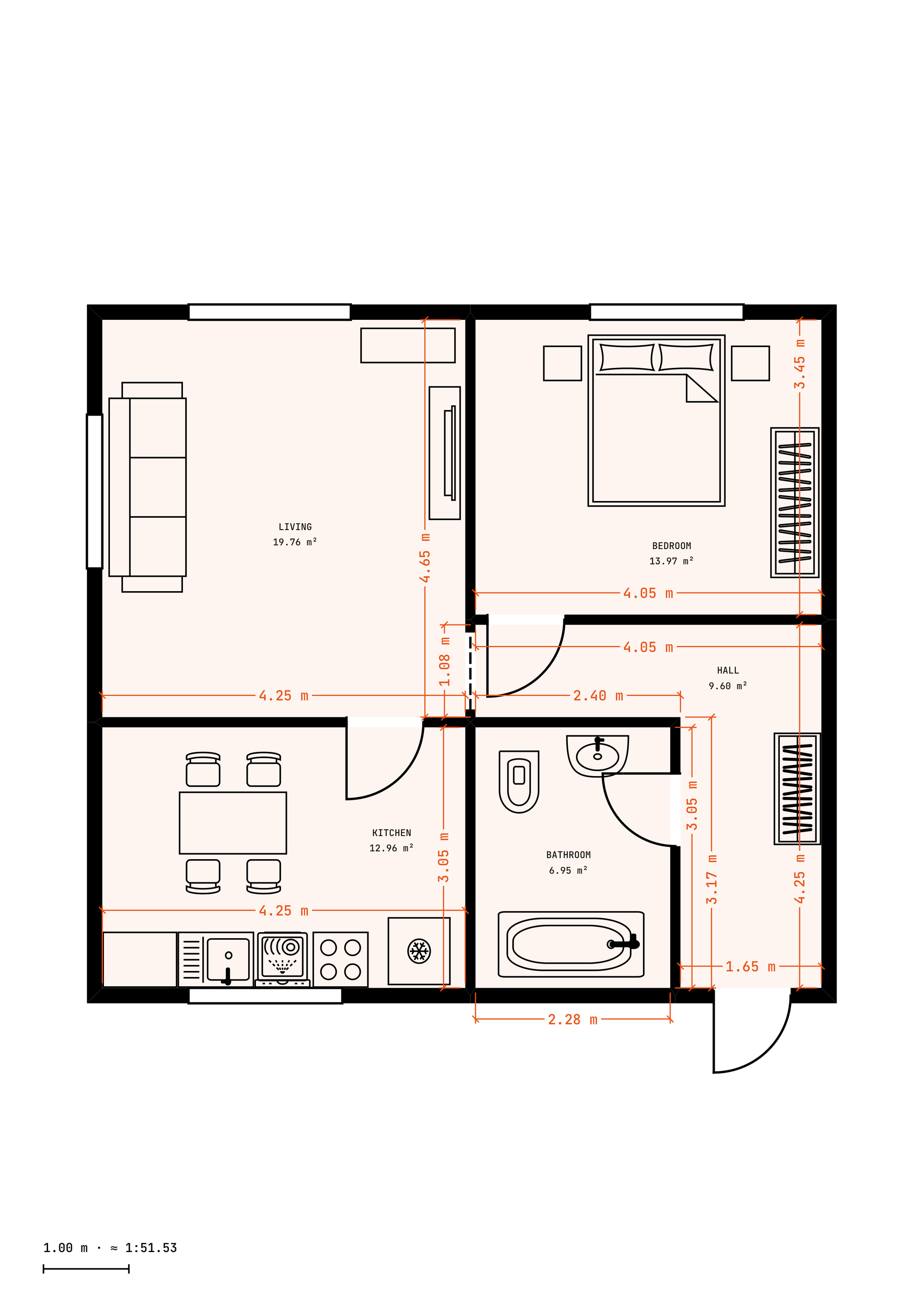 The same floor plan exported from LidarRoom with its rooms, furniture and measurements.
