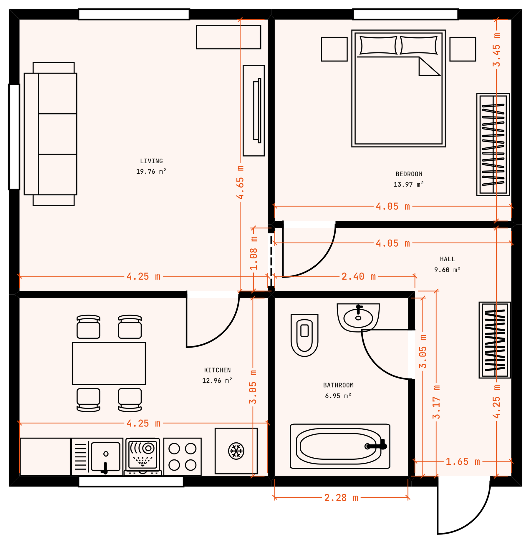 A closer view of the same apartment’s native export, with furniture, room areas and dimensions.